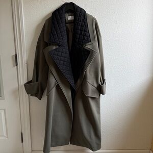 Olive Green Coat with Quilted Black Collar